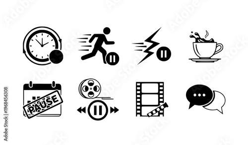 A set of eight black and white vector icons depicting pause and play symbols in various contexts including media controls and daily life activities on a transparent background