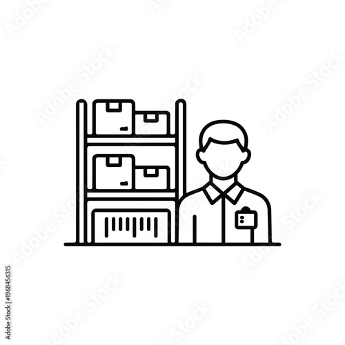 Warehouse worker profession black and white vector illustration with warehouse worker and storage shelves