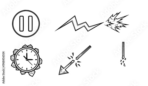 A set of five minimalist line art icons including a pause button, lightning bolt, clock, arrow, and match on a transparent background