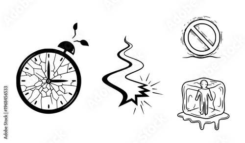 A set of four black and white vector icons depicting a broken clock, a wavy line with a burst, a prohibition sign, and a person trapped in a melting ice cube