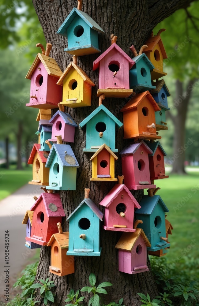 Fototapeta premium Many colorful wooden birdhouses fixed on tree trunk. Small bird nests are made of boards in bright pastel shades. Outdoor nature park setting with green grass and foliage.