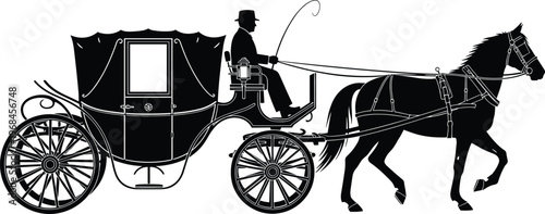 Vintage horse drawn carriage silhouette with driver, classic transport concept, elegant Victorian coach illustration isolated on white background, historical travel and transportation design element