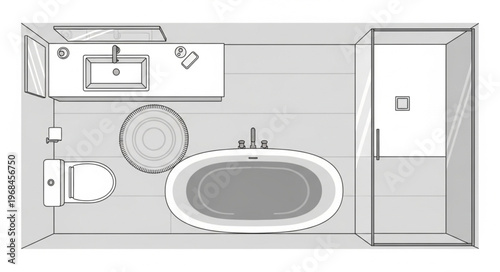 Bathroom Layout with Bathtub, Sink, Toilet, and Shower.
