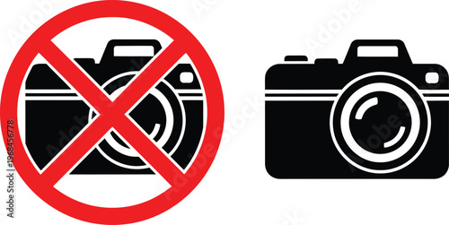 No photography allowed sign and camera icon isolated on white background for warning notices. Vector