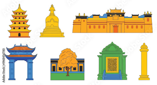 Set of traditional asian architectural elements and buddhist landmarks in colorful flat vector style.