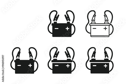 Car Battery Logos. Car battery with jumper cables. Icon set. Set Logo of Car battery with jumper cables: portable jump starter pack. harmonious logo variations