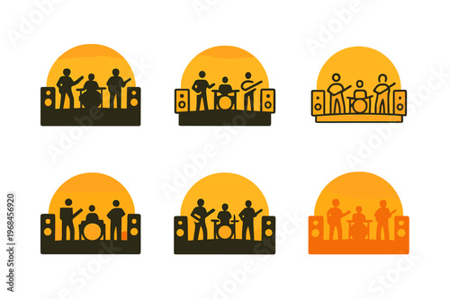 June Concert Emblematic Icons. June concert outdoors. Icon set. Set Logo of june concert outdoors: sunset silhouette of band and speakers. harmonious logo