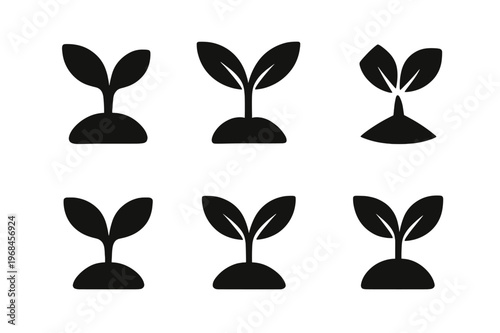 Seedling Logo Variations. Planting seeds. Icon set. Set Logo of Planting seeds: emerging sprout with two cotyledons. harmonious logo variations of the same