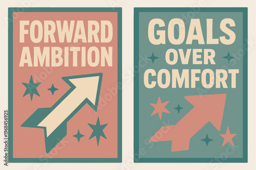 Retro Banners with Arrows. Forward ambition. Two vertical A6 banners with safe margins, centered composition, no elements touching edges, retro, pink and teal,