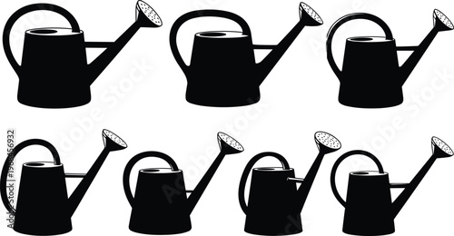 Watering can silhouette set for gardening and agriculture isolated black icons collection showing different styles of watering cans for plant care and irrigation