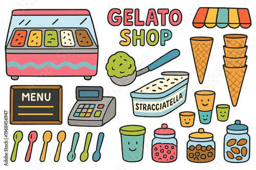 Colorful Gelato Shop Scene. Gelato shop. Colorful Hand-drawn doodle Children illustration Gelato shop gelato pans, spade scoop, display case, pistachio scoop,