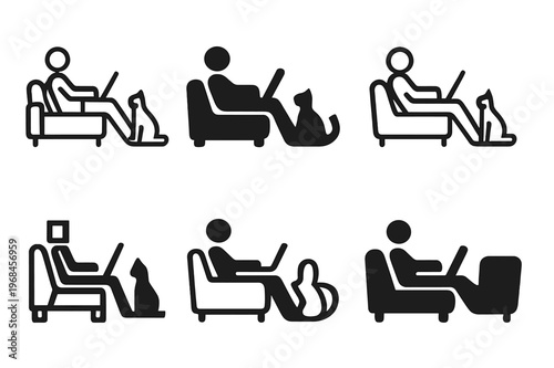 Laptop Couch Logos. Working with a laptop on the couch. Icon set. Set Logo of working with a laptop on the couch: person reclining with laptop and cat nearby.