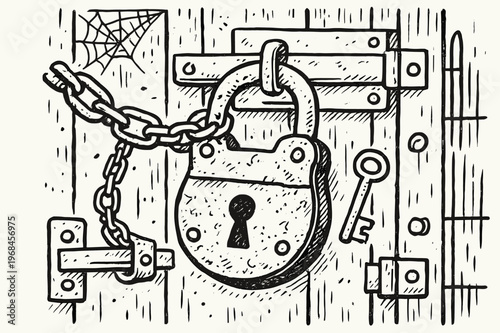 Rusty Padlock Doodle. Old Lock. Hand-drawn doodle illustration Old Lock rusty padlock, key, chain, wooden door, metal latch, cobweb, scratches, corrosion,
