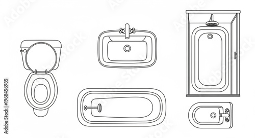 Bathroom Fixtures - Toilet, Sink, and Bathtub Layout Illustration.