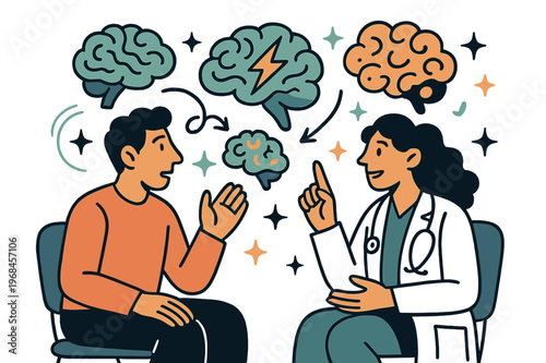 Brain Consultation Scene. Brain disorders and conditions. Patient talking to neurologist with abstract floating brain icons, arrows, and sparkles; conveys