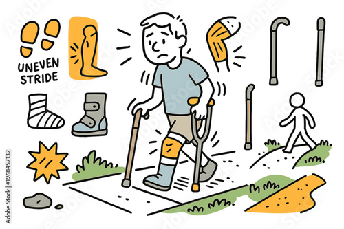 Injured Walker Doodle. Injured step. Hand-drawn doodle illustration person walking (colored), uneven stride (colored), crutch (colored), cane (colored),