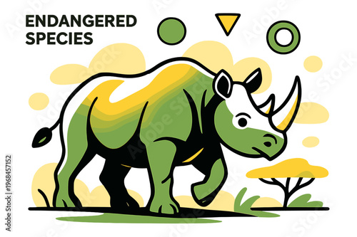Rhinoceros and Geometric Art. Endangered Species. Rhinoceros in savannah with floating abstract geometric shapes and soft light reflections, strong and rare