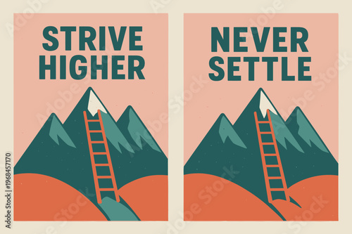Strive Higher Banners. Strive higher. Two vertical A6 banners with safe margins, centered composition, no elements touching edges, retro, pink and teal,
