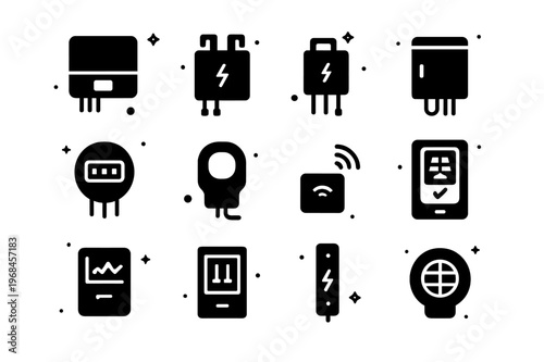 Solar Monitoring Icons. Solar monitoring and power electronics. Solid icons set of Solar monitoring and power electronics: string inverter, microinverter,