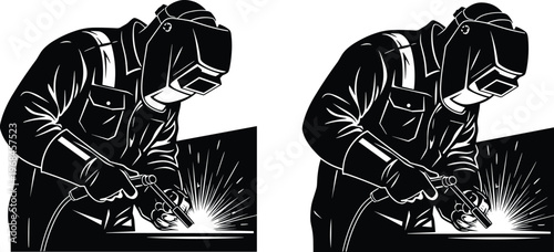 Welder worker silhouette using welding torch with sparks in industrial setting representing metalwork fabrication safety equipment craftsmanship and heavy industry labor concept illustration