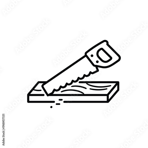 Hand saw cutting wood plank black and white vector icon carpenter profession saw tool illustration for woodworking profession