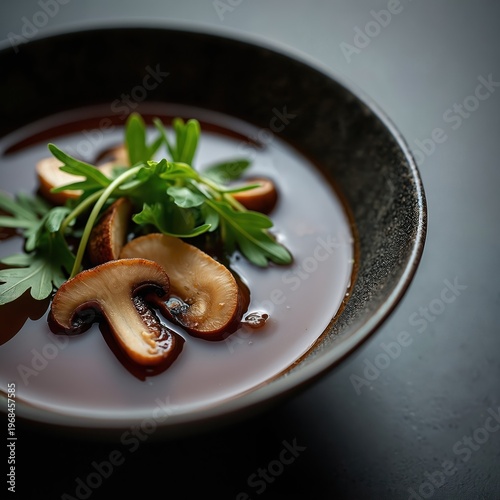 Rich dark mushroom broth, garnished with sliced shiitake and fresh greens, served in a rustic bowl. Deep umami flavor, perfect for gourmet cuisine or cozy winter meals.