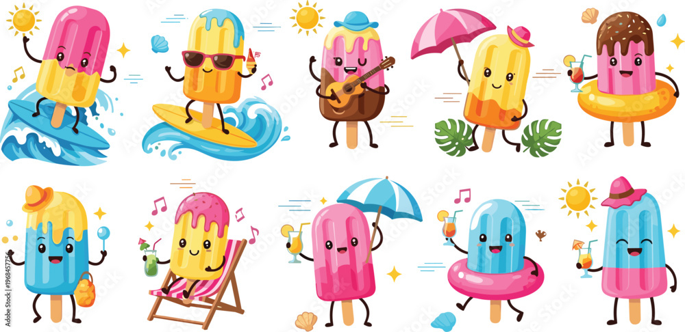 Fototapeta premium Cute summer popsicle characters vector set featuring colorful ice cream mascots surfing relaxing playing music and enjoying sunny beach activities