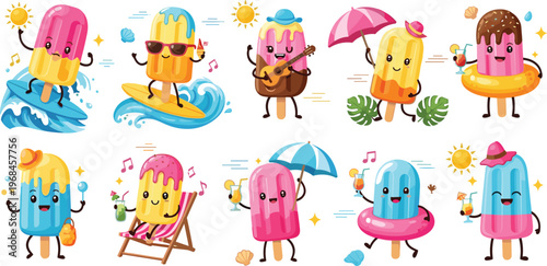 Cute summer popsicle characters vector set featuring colorful ice cream mascots surfing relaxing playing music and enjoying sunny beach activities