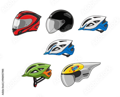 Collection of isolated bicycle, scooter, and motorcycle helmets, showing safety gear for different activities