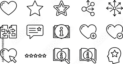 rating review and favorite line icons set, star heart feedback score comparison share network information comment approval and quality vector outline icon collection on transparent background
