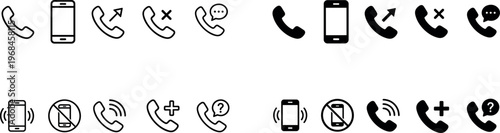 phone call and mobile communication line icons set, telephone smartphone contact dial answer decline incoming outgoing missed call and vibration vector outline icon collection on transparent 