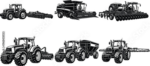 Set of agricultural machinery silhouettes including tractors, combine harvester and farming equipment isolated on white background, detailed farm vehicles for agriculture and cultivation concepts