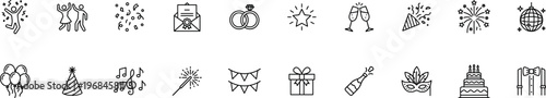 party celebration event line icons set, confetti balloon fireworks champagne toast cake ring star gift disco music invitation and festive symbols vector outline icon collection on transparent 