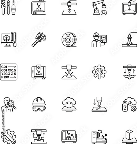 cnc manufacturing and industrial machine line icons set, milling lathe drill laser cutting tool automation engineering programming gcode technology vector outline icon collection on transparent 