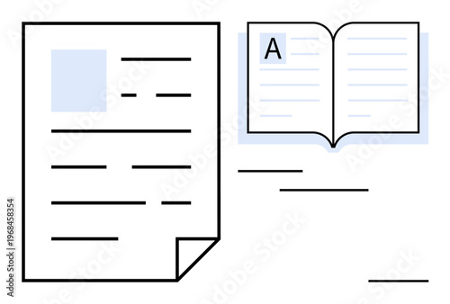 Education, literature, information sharing, documentation, writing, training. Minimalistic design of a paper document and open book with text. Education and literature concepts