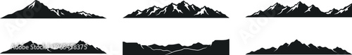 mountain range silhouette set, alpine peaks rocky landscape ridge summit terrain outdoor adventure vector illustration collection isolated on transparent background