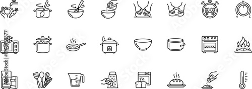 cooking and kitchen process line icons set, food recipe culinary chef pan pot boiling frying baking mixing stirring ingredients oven and utensils vector outline icon collection on transparent 