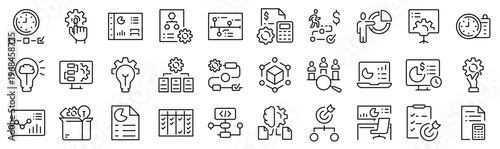 Modern task and project management icon set including workflow, kanban board, team collaboration, analytics and productivity tools. Clean outline vector icons for SaaS, apps and dashboards.