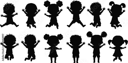 Set of happy children silhouettes jumping and playing isolated on white background representing childhood joy, fun activity, friendship and playful kids lifestyle concept