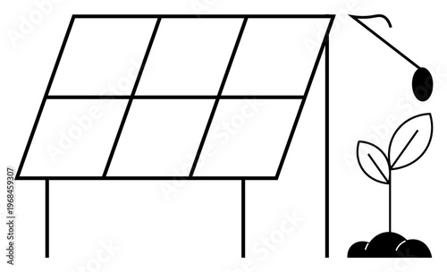 Renewable energy, environmental conservation, sustainability, green technology, energy production, eco-friendly farming. ion of a solar panel and a growing plant. Renewable energy and environmental