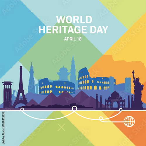 Colorful graphic depicts diverse iconic landmarks, celebrating heritage