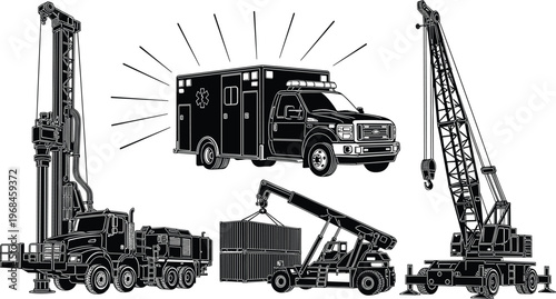 Set of industrial service vehicles including drilling rig ambulance crane and container handler isolated on white background for construction logistics emergency and engineering concepts