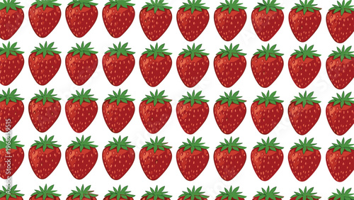 Regular grid pattern consisting of numerous identical ripe red strawberries with green stems repeated across a clean white background.