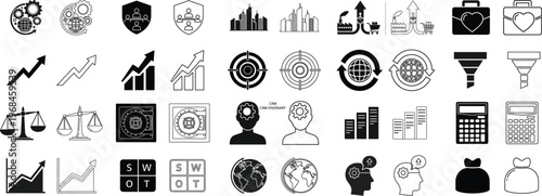 Collection of diverse business and strategy icons with financial and analytical themes Vector