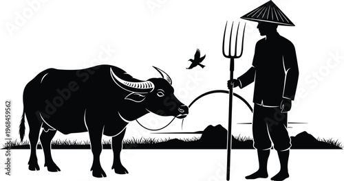 Silhouette of Asian farmer with water buffalo in rural field, traditional agriculture lifestyle scene, countryside farming work, manual labor concept illustration with nature background