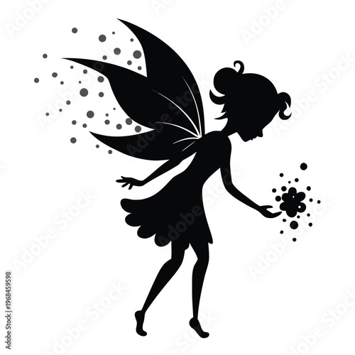 Charming silhouette of a tiny fairy with beautiful butterfly wings, representing enchantment and the wonder of nature.