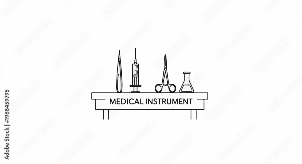 Fototapeta premium Line drawing of medical tools including tweezers, syringe, scissors, and flask on a table