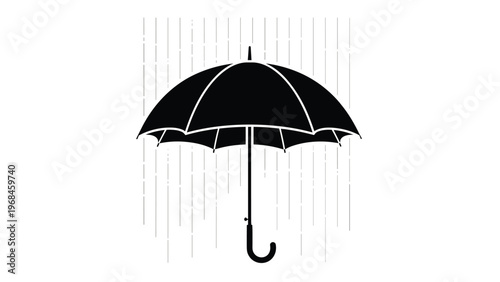 Striking black silhouette of an open umbrella with falling white raindrops shown as vertical lines on a clean white background.