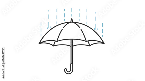 Simple black and white line drawing of an open umbrella protecting from falling raindrops indicated by dashed lines on a white background.