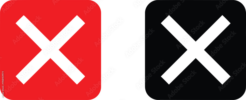 Obraz premium Red and black square icons with white cross symbols for delete or cancel actions on white background. Vector